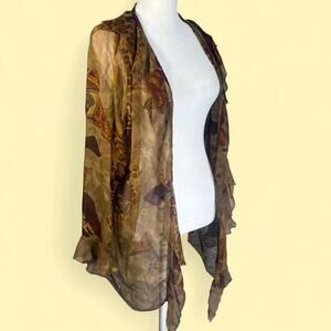 VTG 90s Sz 14 Sheer Earthy Cardigan Shrug Ruffle Trim‎ Cover Up Leopard Print